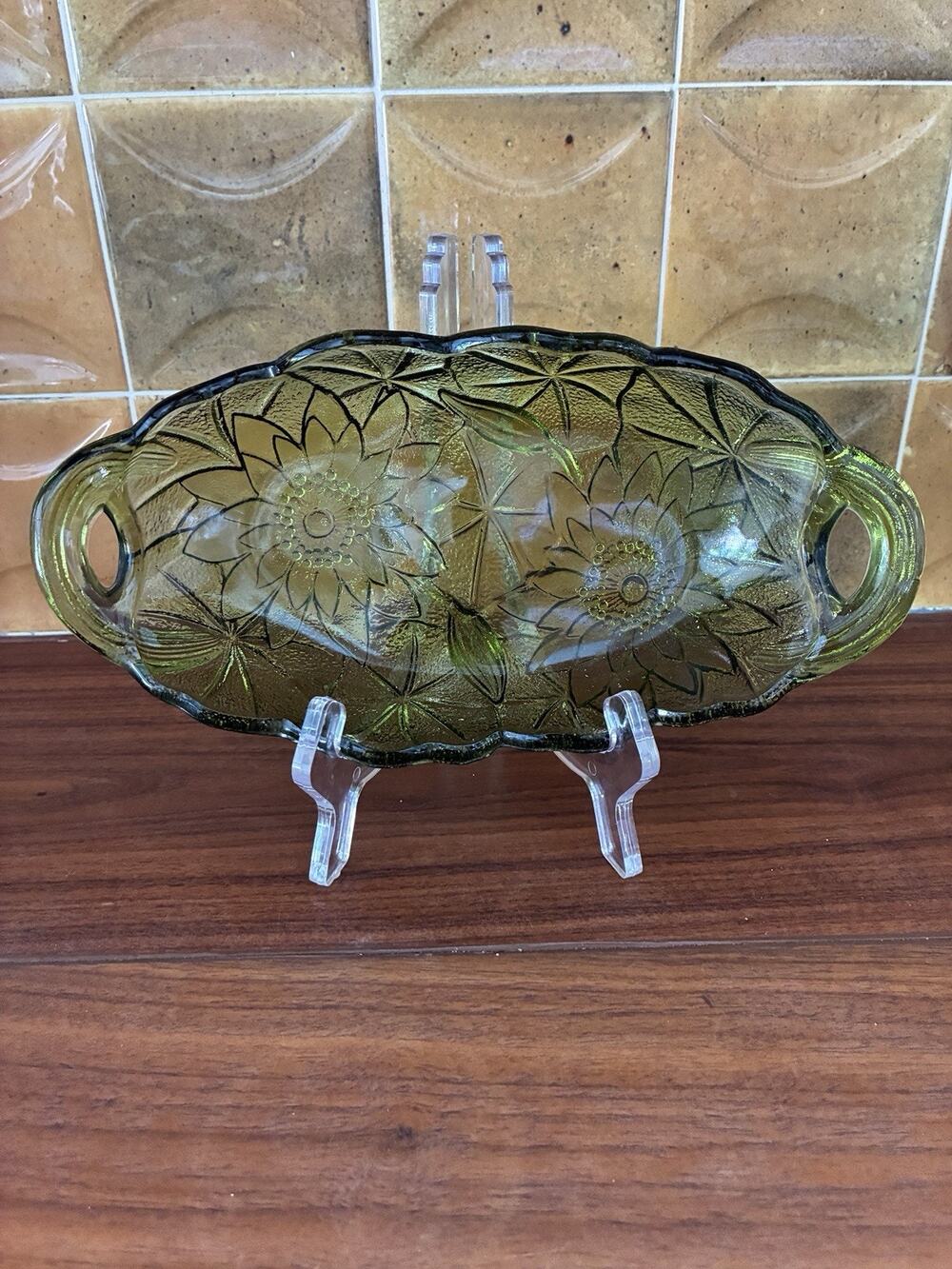 Vintage MCM Indiana Glass Avocado Green Oval Lily Pons Relish Dish